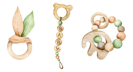 Set of eco wooden baby teething accessory. Nursery decor, wood toys. Watercolor hand drawn illustration isolated on background. Perfect for welcome newborn, invitation, baby shower, cards, printing.