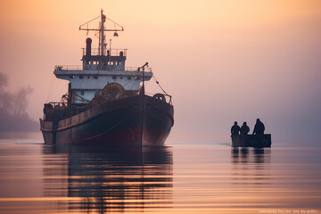 Obraz premium Barge on the river, Generative AI