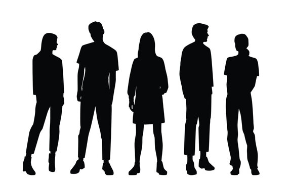 Vector silhouettes of  men and a women, a group of standing  business people, profile, black color isolated on white background