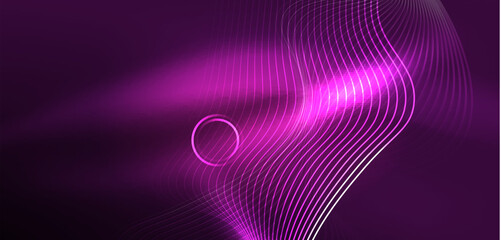 Neon lines and waves abstract background. Techno glowing neon shapes vector illustration for wallpaper, banner, background, landing page, wall art, invitation, prints, posters