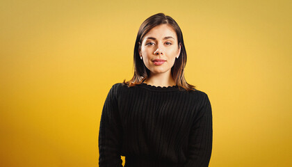 Girl Wearing Black Knitted Jumper Isolated on Yellow Background Pointing and Looking for Fashion Sales, product sales, Product Presentation, Advertising, Branding, Graphic Design, Web Design, Fashion 