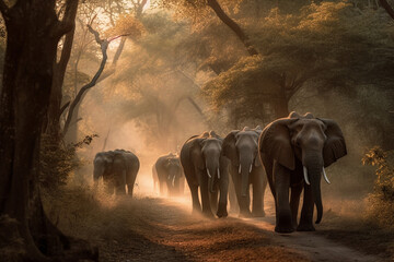 Fototapeta na wymiar walking elephants in their habitat, generative AI