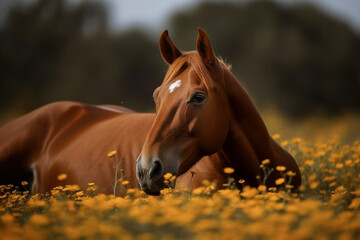 Fototapeta premium a horse resting in a field of flowers, Generative AI