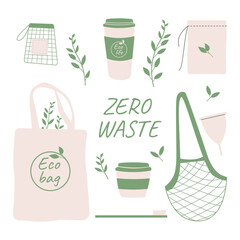 Hand drawn elements of zero waste life in vector. Eco style. No plastic. Go green
