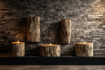Three wood decoration logs composition, isolated, with copyspace background. Generative AI