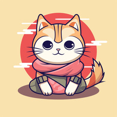 Japanese cute cat vector illustration with sun background