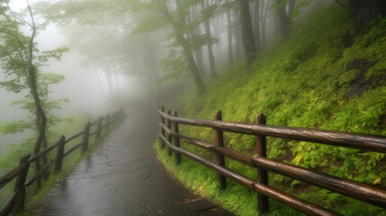 Rainy and foggy day. Wet path leading to the mountains. Generative AI