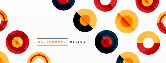 Eye-catching background of colorful circles of equal size arranged in abstract pattern. Circle boasts unique tone or hue, creating rainbow effect. Design has upbeat, contemporary feel