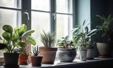 Ai generative.  Potted houseplants on windowsill indoors