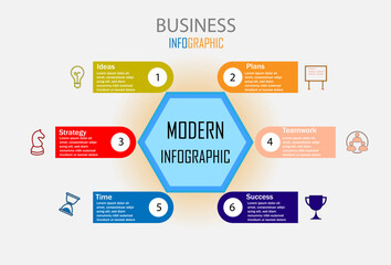 Business infographics. Concept of six steps of business strategy and development. Modern vector illustration for presentation.