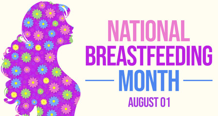 National Breastfeeding Month background with woman filled with flowers and colorful typography on the side