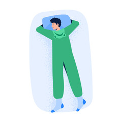 A man sleeps on stomach in pajama. Top view of night sleeping position. Vector illustration in flat style isolated on white background.