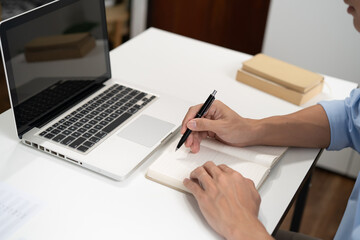 E learning Student online VDO Call Conference Work from home with cat remote work talk chat online on laptop webcam conference working with tablet social distancing concept