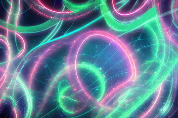 Abstract futuristic background with green and pink glowing neon moving wave lines.  Fantastic wallpaper, Ai Generative.