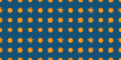 Lots of Orange Flowers or Suns of Various Types - Vintage Style Texture, Natural Floral Seamless Pattern in Blue Background, Design Element in Editable Vector Format