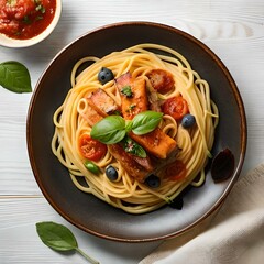 Spaghetti on black plate on wooden background. top view