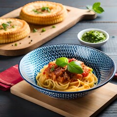 Spaghetti on black plate on wooden background. top view