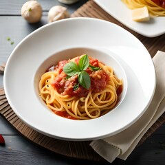 Spaghetti on black plate on wooden background. top view