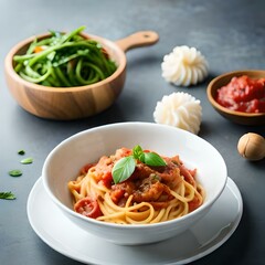 Spaghetti on black plate on wooden background. top view