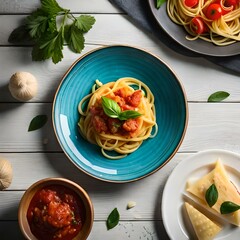 Spaghetti on black plate on wooden background. top view