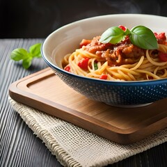 Spaghetti on black plate on wooden background. top view