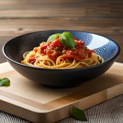 Spaghetti on black plate on wooden background. top view
