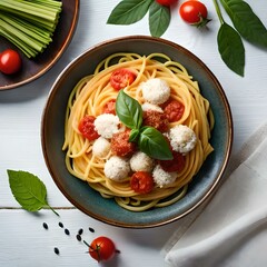 Spaghetti on black plate on wooden background. top view