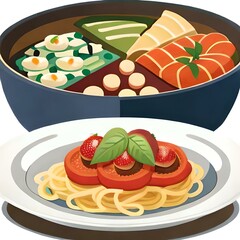 Spaghetti on black plate on wooden background. top view