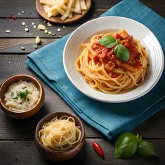 Spaghetti on black plate on wooden background. top view