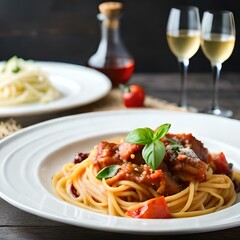Spaghetti on black plate on wooden background. top view