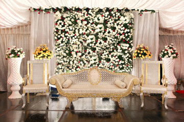 Wedding ceremony and decorations Stage for Bride and Bridegrooms , wedding Event Decor Concept.