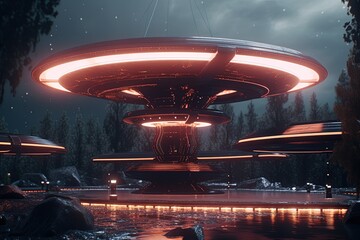 Futuristic UFO flying saucer.Generative Ai
