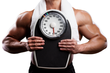 Man with scales perfect shape, healthy lifestyles concept.