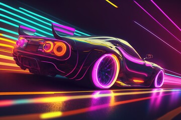 Obraz na płótnie Canvas Speeding Sports Car On Neon Highway.
