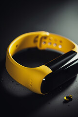 Pulsera inteligente para monitorizar ejercicio físico, pulsaciones, hora, gps, cronómetro. Pulsera reloj amarilla en fondo oscuro. 