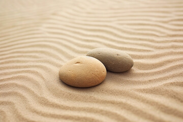 Fototapeta na wymiar Piedras pulidas en la arena de la playa al atardecer en el mar. Zen meditación, paisaje relajante en vacaciones visto de cerca. 