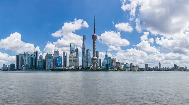 Panoramic view of downtown buildings and beautiful clouds in Shanghai, China