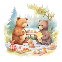 Watercolor Little Bears Family Picnic Clipart Element Printable Commercial use