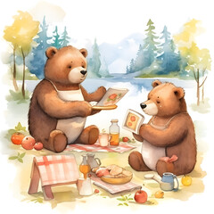 Watercolor Little Bears Family Picnic Clipart Element Printable Commercial use