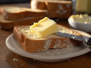 butter with a knife on top and soft toast in the background