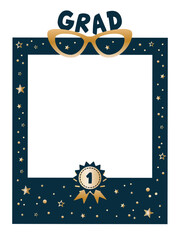 Graduation party photo booth props. Frame with sunglasses and star. Photobooth vector element. Concept for selfie. Congrats grad quote. Gold and black decoration for celebration