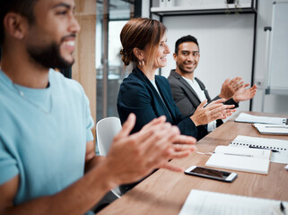 Happy, business people and audience applause in meeting for presentation, growth or team seminar at office. Group of employees clapping in conference for teamwork, support or motivation at workplace
