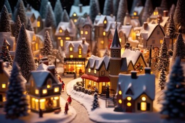 Fototapeta na wymiar Miniature Christmas village houses and snowfall. Festive background. AI generative image.