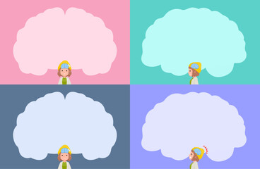 脳の形のフレームとカジュアルファッション女性のセット