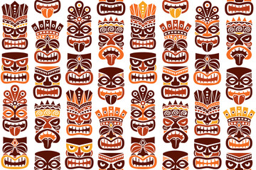 Tiki pole totem vector seamless pattern - traditional statue or mask repetitve design from Polynesia and Hawaii in brown and orange
- 610215683