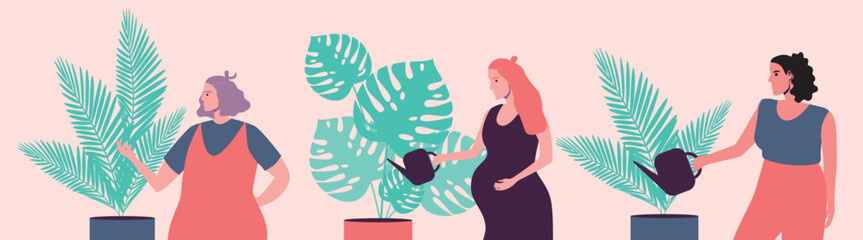 Isolated woman caring for monstera home plant, flat vector stock illustration