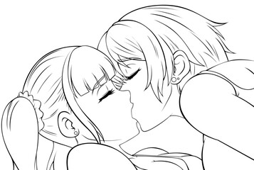 Girl Kissing Girl Line Art