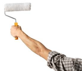 Painting walls, an industrial worker using a roller for renovating house.