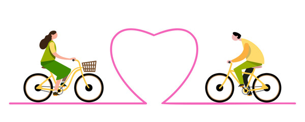 A young man and a woman riding bicycles meet on Valentine's Day. Flat vector design illustration
