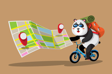 A young panda tourist rides a bicycle touring the city using maps and GPS navigation